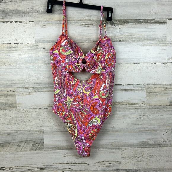 Jessica Simpson Womens large Floral O Ring cutout one piece swimsuit new swim - Picture 2 of 9